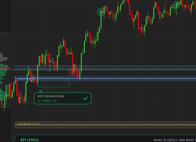 Aviso de compra de un sistema TickDojo sobre un gráfico de NinjaTrader 8